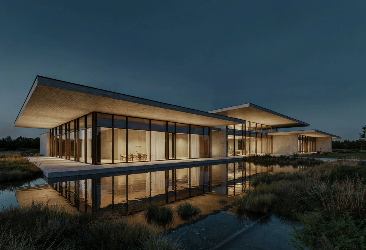 Koncepcyjna wizualizacja nowoczesnego zespołu architektonicznego z przeszkloną elewacją